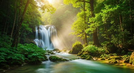 Enchanting Waterfall Serenity in a Lush Tropical Rainforest with Sunbeams
