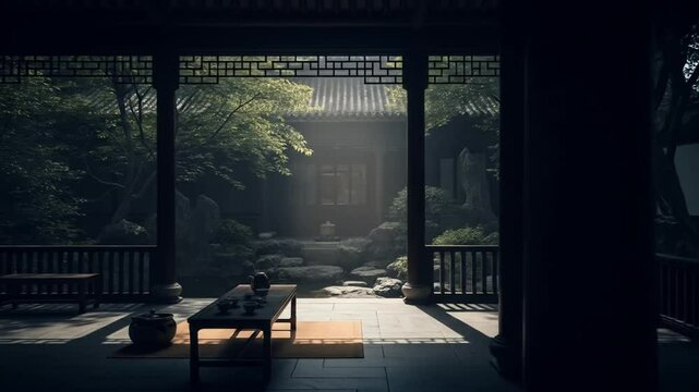 Serene Chinese tea house in a tranquil garden