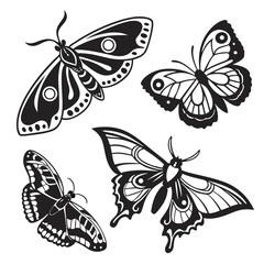 Four black and white butterfly and moth silhouettes insect