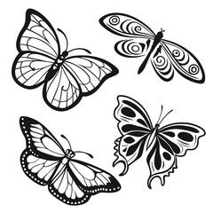 Four black and white insect silhouette designs butterfly moth