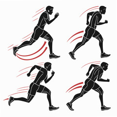 Four black running silhouettes with red motion lines runner athlete