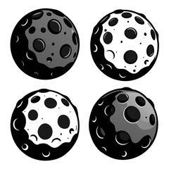 Four cratered celestial bodies with gray and black tones moon craters