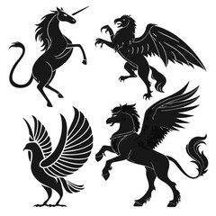 Four mythical creatures black silhouettes on white background unicorn griffin © RABBI