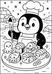 coloring page, This penguin rolls sushi with icy precision in his chilly kitchen!