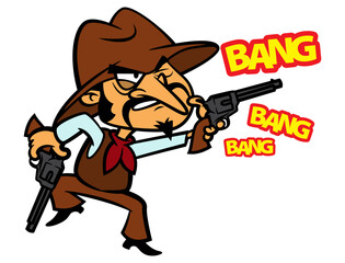 A Cowboys fight at the saloon and shooting with revolver. Best for sticker, logo, and mascot with wild west themes