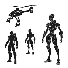 Futuristic robot and drone silhouettes android sci fi
