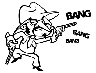 A Cowboys fight at the saloon and shooting with revolver. Best for outline, logo, and coloring book with wild west themes