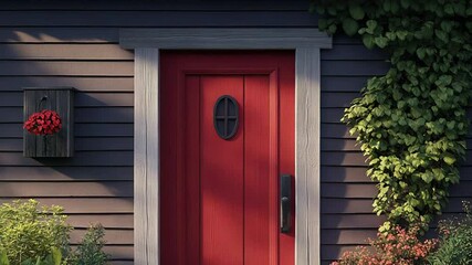 Red door enhancing curb appeal of charming house
