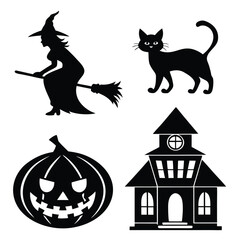 Black Halloween Silhouettes Witch Cat Pumpkin House