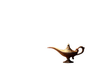 Obraz premium Floating Golden Genie Lamp with Purple Mist and Glittering Sparks, Isolated PNG