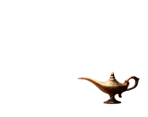 Floating Golden Genie Lamp with Purple Mist and Glittering Sparks, Isolated PNG