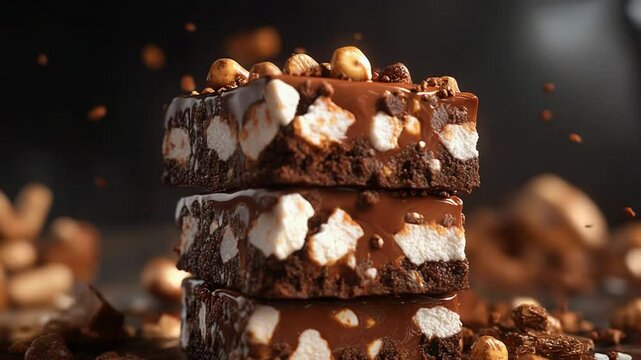 Delicious chocolate hazelnut brownie with marshmallow topping and falling ingredients