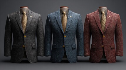 Three tweed blazers on mannequins in gray, blue, and red with gold ties