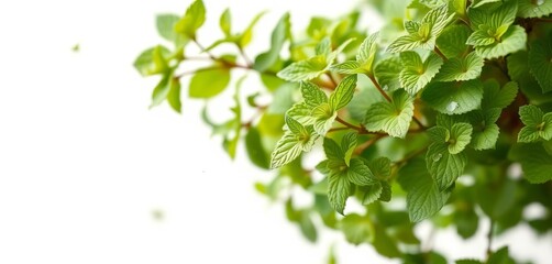 Delicate spearmint leaves falling, isolated on white, shallow depth of field, macro, spearmint