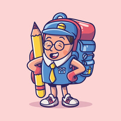 Fototapeta premium vector illustration for back to school event with cartoon character and kids with bag back 