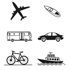 Minimalist transportation icons airplane bus car bicycle boat canoe vector