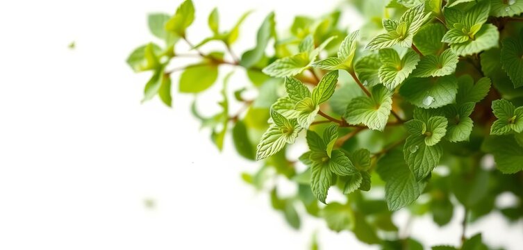 Delicate spearmint leaves falling, isolated on white, shallow depth of field, macro, spearmint