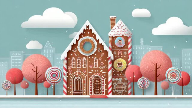 A gingerbread house with icing roof and candy cane pillars