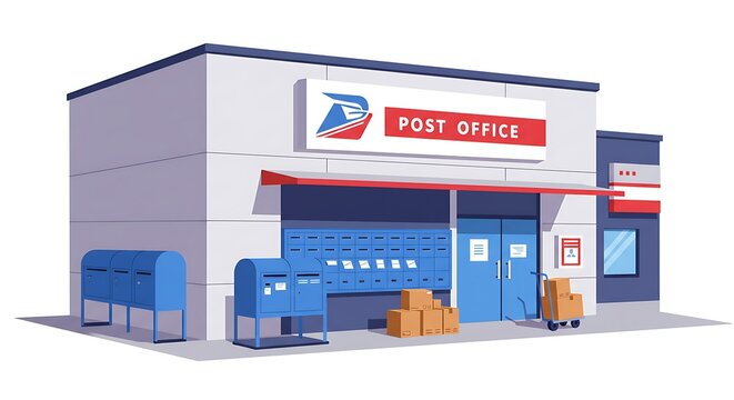 Post office building illustration with blue mailboxes and package delivery, Modern post office building in bright colors with boxes and postal service