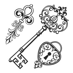 Ornate vintage keys and heart padlock antique