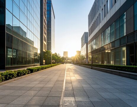 Empty sidewalk in business district during early morning, sunlight reflecting on glass buildings