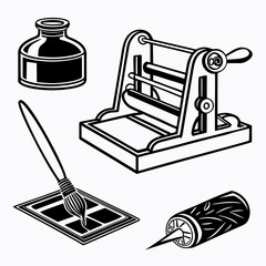 Printing press ink bottle brush palette and roller vector