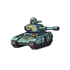 Fototapeta premium Pixel art depiction of a futuristic, teal tank with a robotic turret, ready for action.