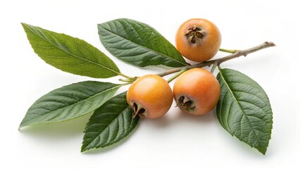 Fresh Medlar Fruit with Green Leaves on a White Background