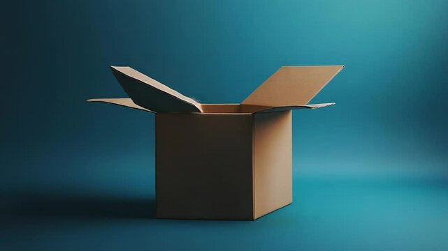 Cardboard box opening on teal background, unboxing concept