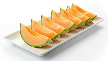 Cantaloupe slices arranged on a white rectangular plate against a white background