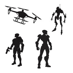 Sci fi robots and drone silhouettes futuristic