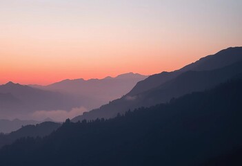 Obraz premium Misty mountains, pale pink sunrise, subtle brushstrokes, gradient sky, pastel, japanese art