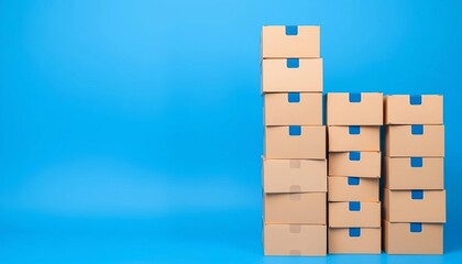 Neat stacks of identical cardboard boxes on a blue background,  recycle,  disposable