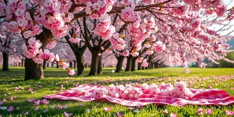 Pink and white cherry blossoms falling on a picnic blanket under blossoming trees, sakura, celebration