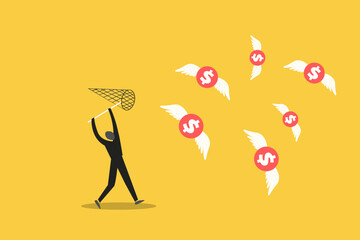 Businessman Running to catch dollar sign money. concept of Pay raise, opportunity for more salary, income or investing profit, wages, chasing for earning, challenge or risk, motivation