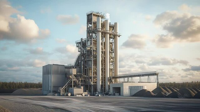 Cement factory processing and producing cement at sunset with cloudy sky