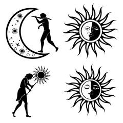 Sun and moon figures with celestial elements crescent stars