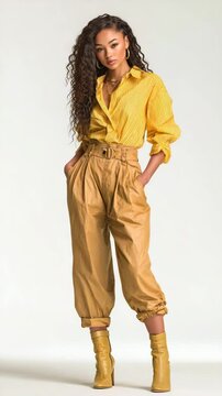 Young European female model wearing classic outfit studio photo with white background, curly hair with brown skin tone. Full body shot