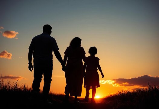 Silhouette of family of three walking away at sunset,   landscape,   childhood