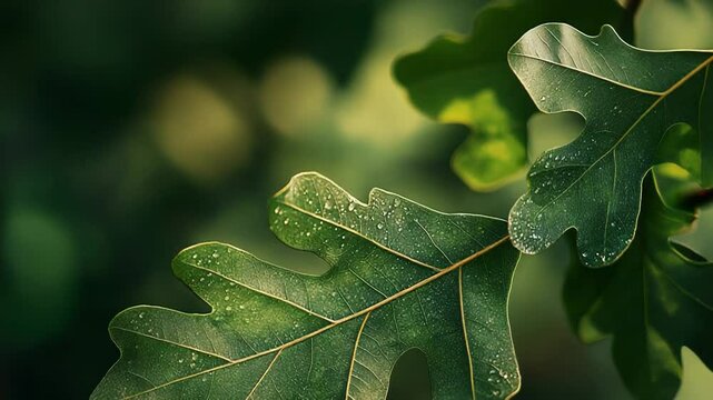Green oak leaf showing water droplets after rain