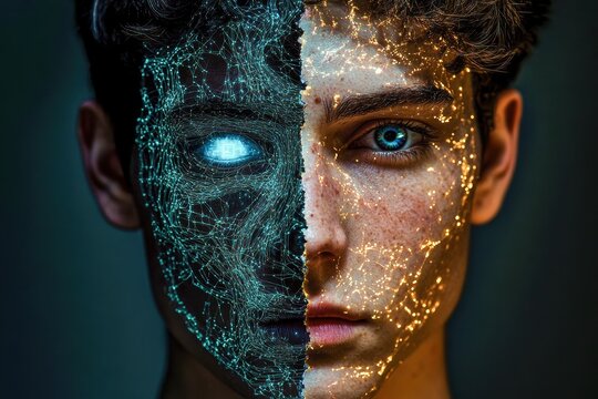 human face split with half as realistic skin and half as glowing neural data mesh