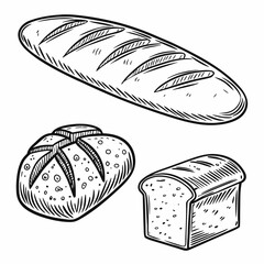 Hand drawn bread and bakery icon set in vintage engraving style