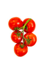 Five red ripe tomato bunch top view close up  isolated on white background