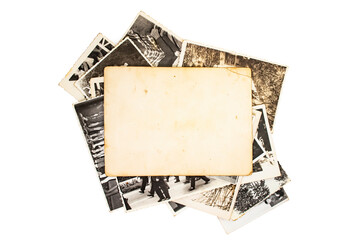 Stack old photos with blank copy space , isolated on white background. abstract textured backdrop, invitation mockup