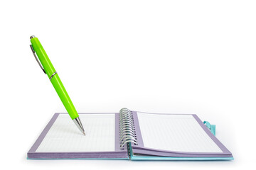 Blank notebook opened, with a levitating green pen writing, isolated on white background