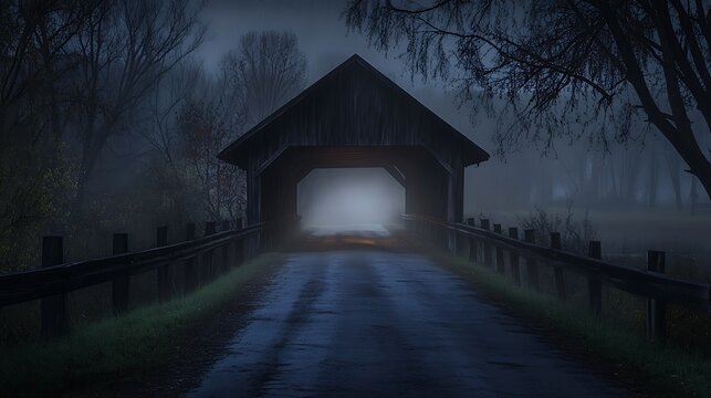 Misty covered bridge at night