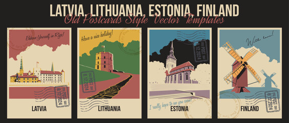 Naklejka premium Estonia, Finland, Latvia, Lithuania Main Tourist Attractions Postcards, Olaf Church, Aland Island Windmills, Riga Castle, Gediminas Tower Illustrations. Retro Style Greeting Cards