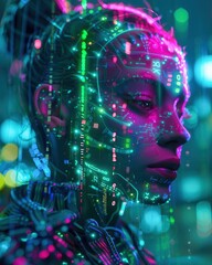 hollow AI avatar harvesting personal data on neon threads cyberpunk .