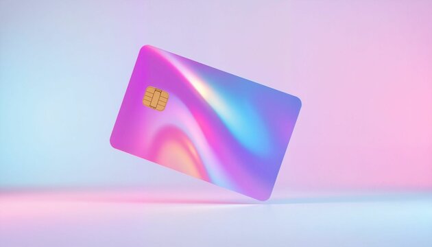 Holographic credit card floating against colorful gradient background  