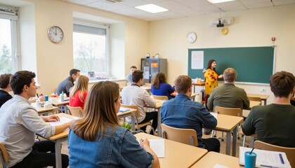 Obraz premium Teenage students attending class with teacher at chalkboard in classroom 